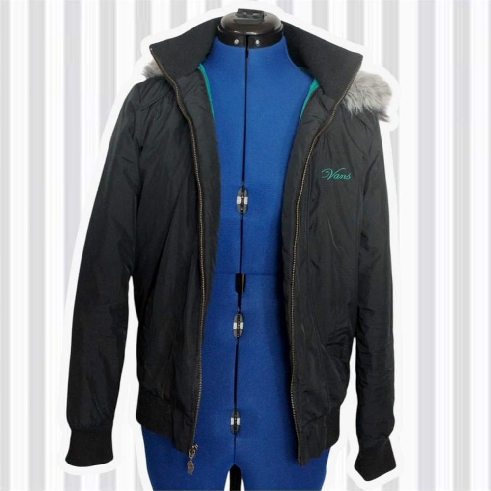 Vans Black and Gray Bomber Jacket with Fur Trim